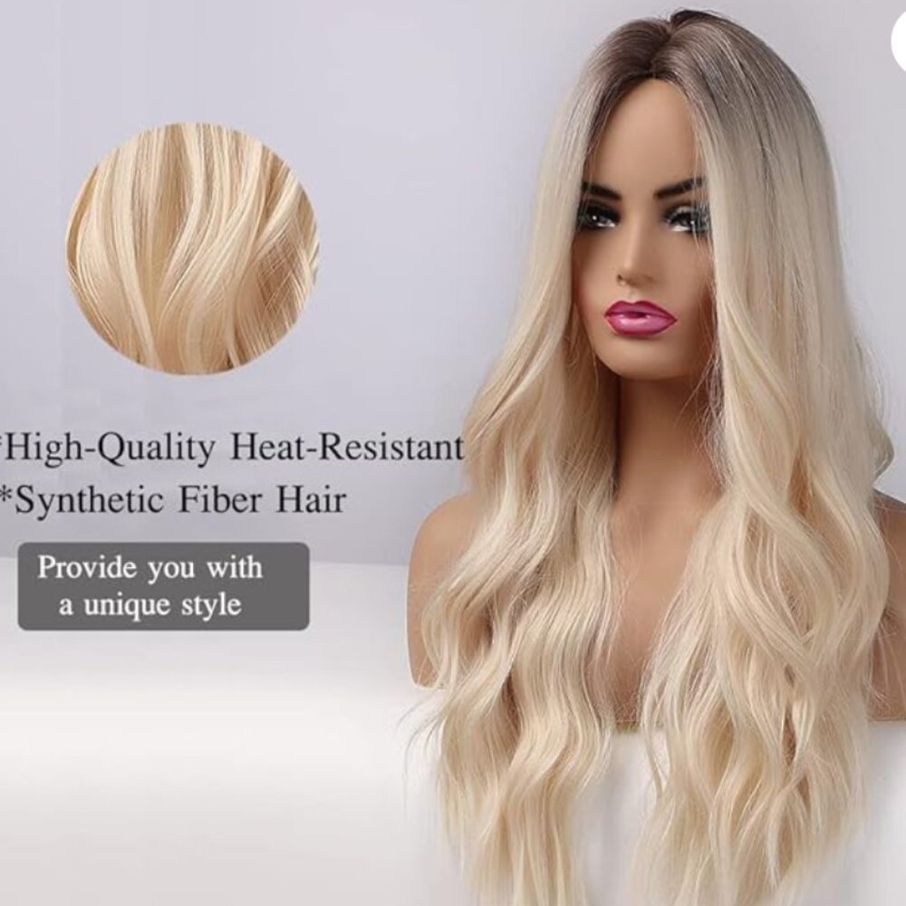 Womens 💗 Blonde And Brown Synthetic Ombre 26" Long Wavy Breathable Cap Wig 💗 - Picture 14 of 16
